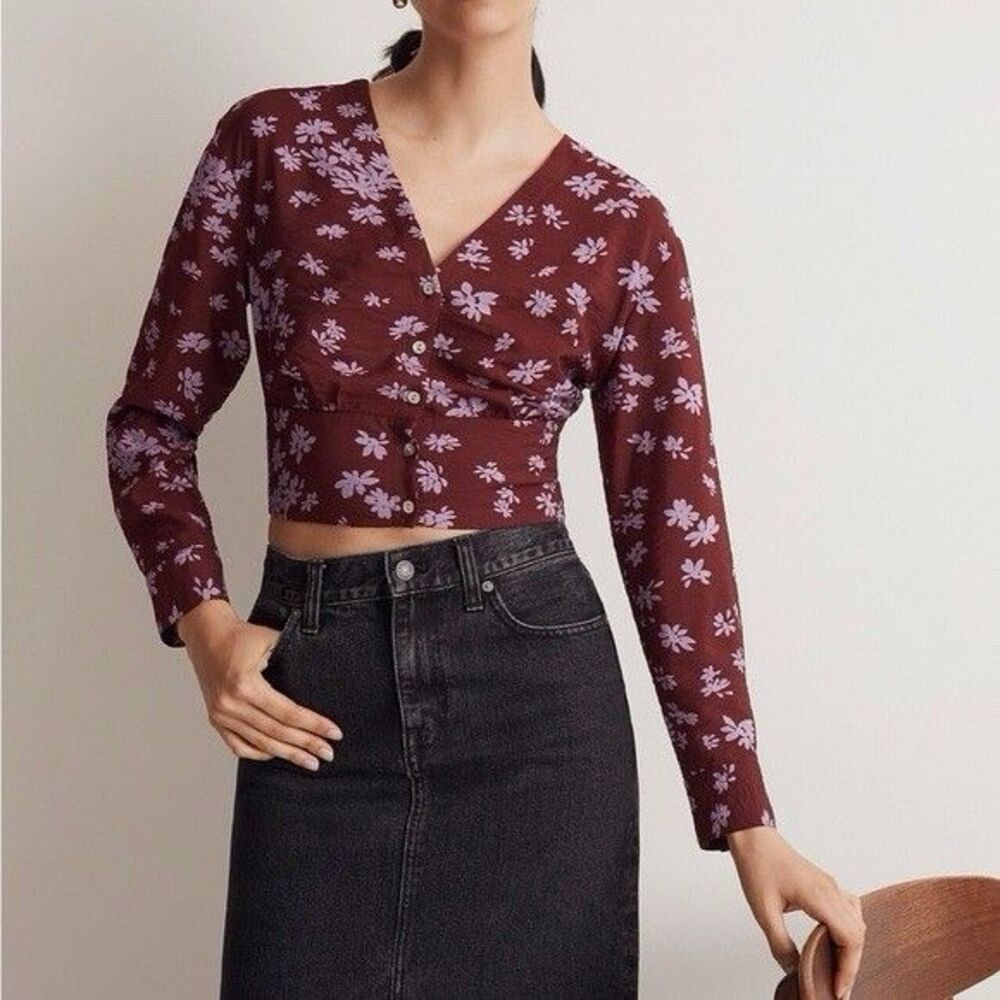 Madewell Floral Cropped Button Front Blouse Medium Burgundy Long Sleeve EUC